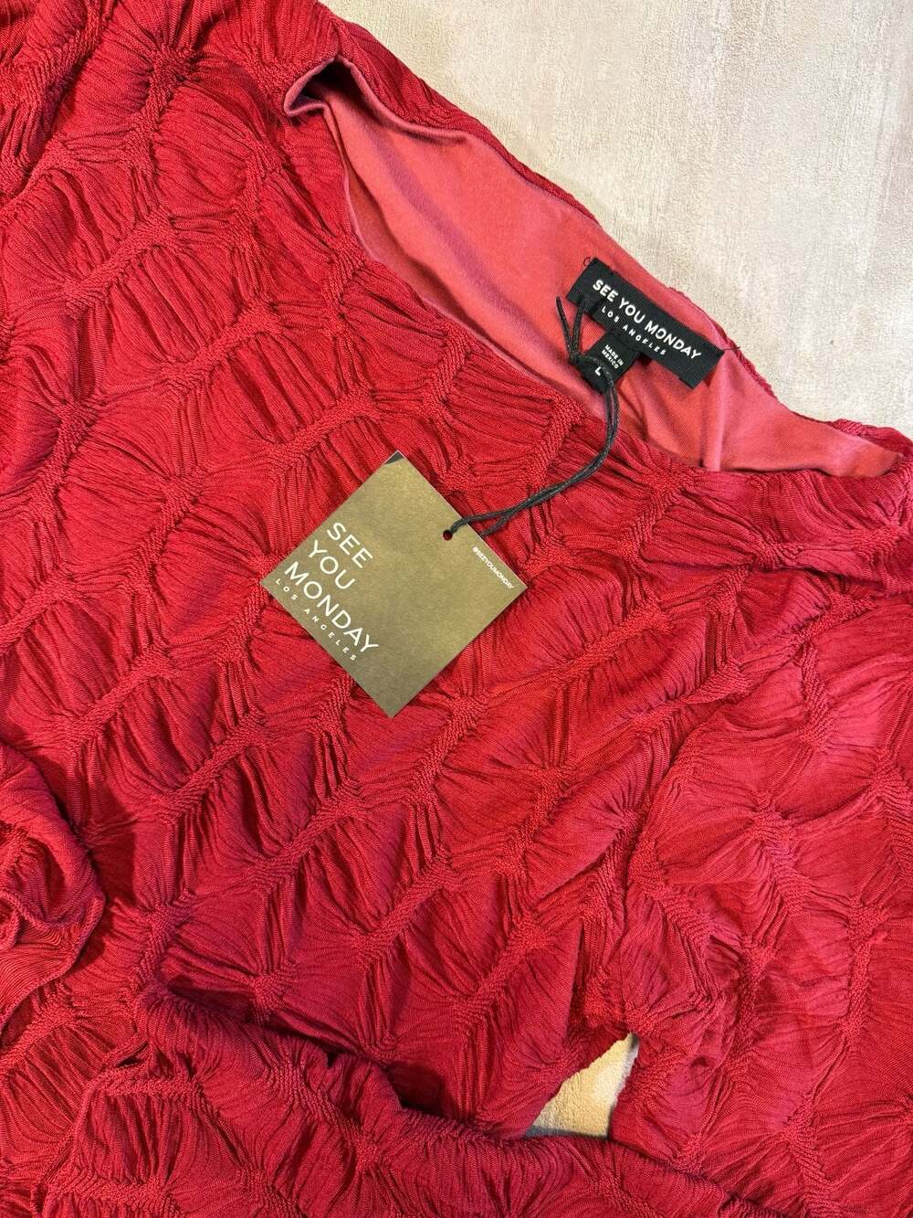 Red Textured Long Sleeve Top Size L